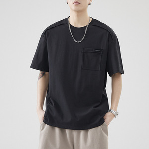 2025 Nueva camiseta de verano fina transpirable de algodón puro de 5 puntos, una camiseta suelta e informal de bolsillo pesado para hombres - Product Image 3