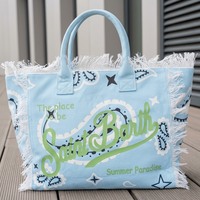 Sac fourre-tout de plage personnalisé en toile à franges, grand sac à main d'été pour les vacances, sac à bandoulière imprimé pour femme avec bordure à franges