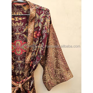 New Arrival Vintage Silk Saree Ethnic Indian Kimono Bath Robe Hand Embroidery Elastic Waist Short Sleeve Recycled Fabric Summer - Product Image 5