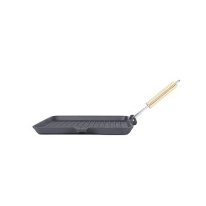 Sartén de hierro fundido cuadrada portátil para camping, compatible con cocinas de inducción, precurada, con ranuras, para asar, con base de madera extraíble - Product Image 3