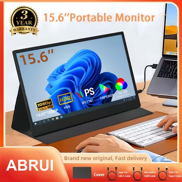 Portable Monitor for Laptop 15.6 Inch FHD 1080P IPS Eye Care Screen with Stand 180 Adjustable Dual Speaker Travel Monitor