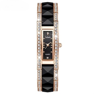 Montre à bracelet en acier rectangulaire incrustée de cristaux, 18 mm, petit cadran délicat, boîtier en céramique or rose, étanche, montre à quartz pour femme - Product Image 1