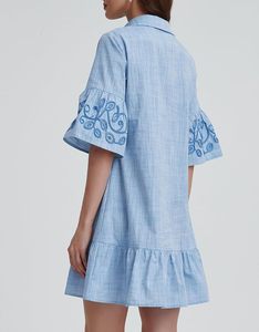 Vestido Camisero <span class=keywords><strong>de</strong></span> Mezclilla Vintage para Mujer, Lavable, con Botones, Mangas con Volantes Bordados, Corte en A, Mini Vestido <span class=keywords><strong>de</strong></span> Verano con Bolsillos, Estilo Casual - Product Image 2