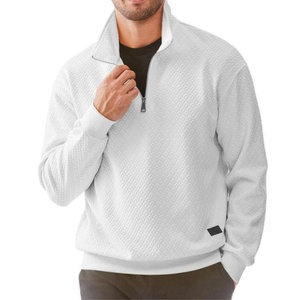 Sudadera casual de hombre con media cremallera, manga larga, cuello simulado, textura gofrada, de algodón, estilo pulóver, color liso - Product Image 1