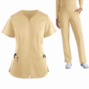 Blouses médicales pour femmes, couleur unie, col en V, manches courtes, polyester, uniformes d'hôpital pour le travail médical avec fermeture éclair avant et poches - Product Image 5