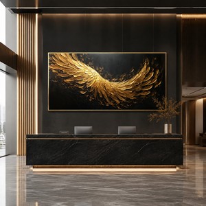 Peintures abstraites texturées 3D modernes en toile faite à la main, ailes dorées et noires, décorations murales de luxe pour la maison - Product Image 1