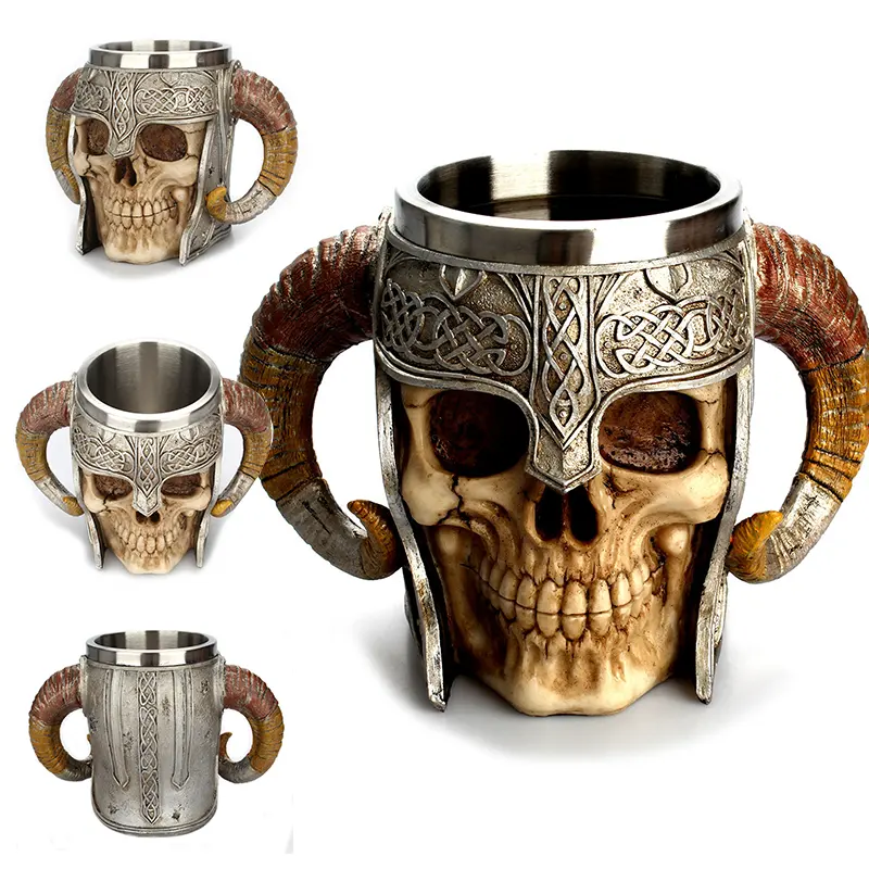 Caneca esqueleto de cerveja com duas entradas, de aço inoxidável, copo viking, guerreiro, caneca, colete, crânio medieval, copo de bebida, adequado