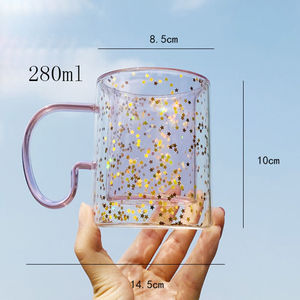 Tasse à double paroi en verre rose résistante à la chaleur avec soucoupe à effet sable mouvant pour boissons et jus, tasses à thé et soucoupes - Product Image 4