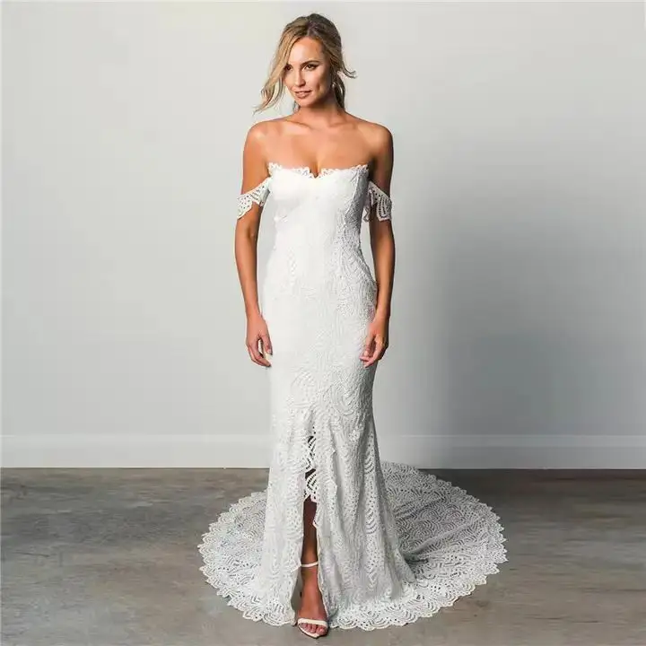 Mới lãng mạn bãi biển Wedding Dress Nàng Tiên Cá ren backless Side Slit Bridal Dress