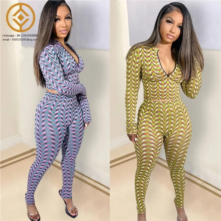 H7646S Women's personalized geometric graphics hundred pieces of two sets of long-sleeved pants tight-fitting suit autumn