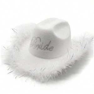 Wholesale in Stock Poly-Cotton Felt Cowboy <b>Hats</b> White <b>Wedding</b> Party Shiny Feather Edge Cowboy Fedora <b>Hats</b> - Product Image 2