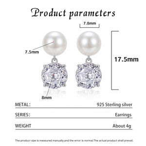 Copper <b>Silver</b> Plated White <b>Pearl</b> Four Prong Big CZ Drop <b>Earrings</b> for Women Round Zircon Dangle <b>Pearl</b> Stud Jewelry Bridal Gift - Product Image 5
