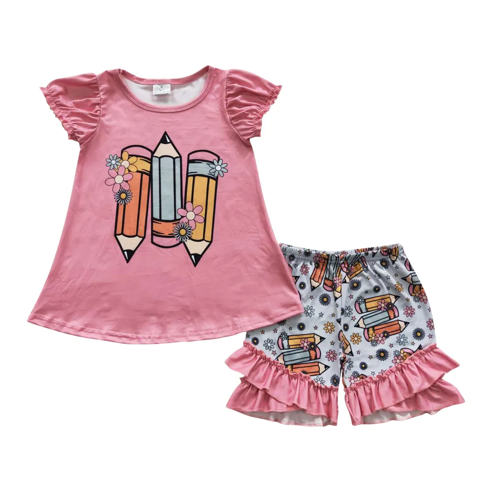 GSSO0356 kids back to school boutique outfits girls clothing sets Pencil Flower Pink Short Sleeve Printed Lace Shorts