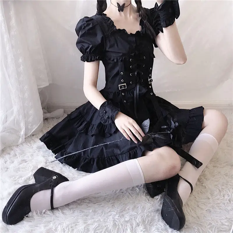 2022 moda kare boyun katı kısa fırfır Cosplay elbise kadın Punk Lolita üniforma seksi siyah kostüm gotik lolita