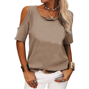 Moda Casual Europa América Verano Mujer Color sólido Manga corta Hombro desnudo Top <span class=keywords><strong>Camiseta</strong></span> suelta Top de gran tamaño - Product Image 5