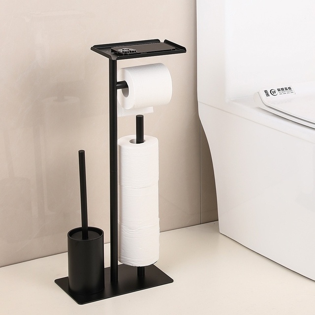 YOTO Simple Black Modern Minimalism Square Toilet Paper Holder Phone Holder Set Bathroom Odor-Proof Floor-Standing Toilet Brush
