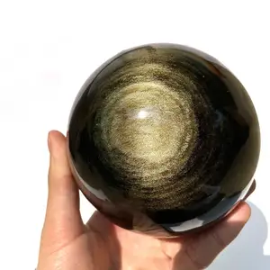 Sphère d'obsidienne en or naturel, boule de cristal d'obsidienne dorée noire pour la décoration de la maison, vente en gros