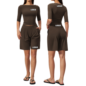 Individuelles LOGO Neues Yoga-Set mit Taillengürtel, Fünf-Viertel-Ärmeln und Hüftlift-Shorts, 2-teilig, Atmungsaktiver Schnelltrocknender Yoga-Anzug - Product Image 1