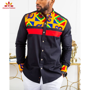 Chemises à col Mandarin pour <span class=keywords><strong>homme</strong></span>, vêtement avec imprimé en cire <span class=keywords><strong>africaine</strong></span>, en patchwork, à bande noire, <span class=keywords><strong>2021</strong></span> - Product Image 3