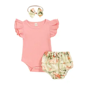 2024 Newborn Infant Clothes Baby Girl Outfits Ribbed Flutter Romper Floral Bloomers Headband Set 6-12 Month
