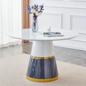 Échantillon gratuit Table à manger ronde moderne en MDF avec base conique en laque glamour blanche pour salle à manger Salon Restaurant