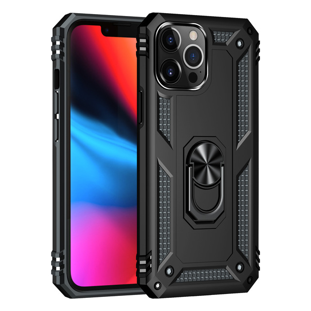 Dual Layer Armor Kickstand Ring Holder Car Mount Black Phone Case for iPhone 12 13 13 14 15 Pro Max Ring Holder Back Cover