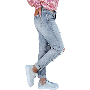 กางเกงยีนส์ขาดทรงสลิมฟิตเอวสูงสำหรับผู้หญิง ดีไซน์ขาดๆ เหมาะสำหรับชุดลำลองสไตล์สตรีท - Product Image 3