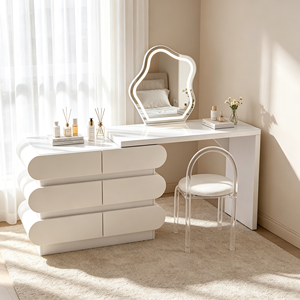 Ensemble de coiffeuse moderne avec miroir éclairé, armoire blanche et chaise en acrylique, table de maquillage pour chambre à coucher - Product Image 2