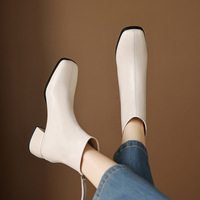 Sepatu Bot Kulit Sapi Asli Model Square Toe dengan Ritsleting di Pergelangan Kaki, Hak Tebal 5cm, Gaya Musim Dingin dan Gugur