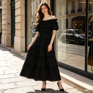 Robe longue en mousseline de soie Bettergirl, nouvelle collection été 2024, de haute qualité, épaules dénudées, manches bouffantes, coupe trapèze, noire, pour femme, ample et élégante - Product Image 1