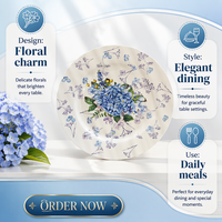 Assiette à dîner en céramique florale bleue de luxe de 10,5 pouces, bord doré, assiette à dessert en porcelaine blanche pour mariage, fête, décoration de la maison