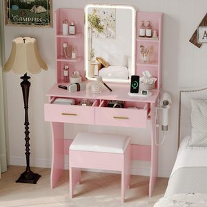 Small Modern Design Wood <strong>Vanity</strong> Desk Mirror with LED <strong>Lights</strong> Adjustable Lighting 2 Drawers Compact Dressing <strong>Table</strong> for Women - Product Image 3