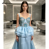 Gaun Malam Model Duyung Biru Langit Lakshmigown dengan Kerah Sweetheart, Hiasan Kristal dan Manik-Manik di Bagian Atas, Peplum Bertingkat, Ruffle, dan Ekor Panjang, untuk Pesta Formal