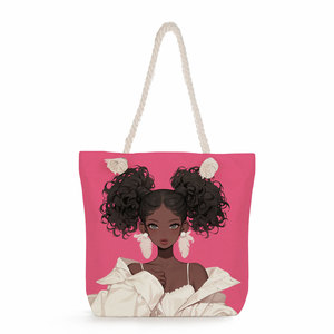 Dikke Canvas Milieuvriendelijke Handheld Boodschappentas Mode Cartoon Print Cool Zwart Meisje Grote Capaciteit Dikke Touw Schoudertas - Product Image 6