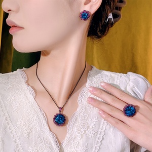 Eco-friendly Copper Blue Jewelry Set 16-10mm Royal Blue Cubic Zirconia Black Gold Fashion Vintage Pendant <b>Earrings</b> Ring Set - Product Image 5