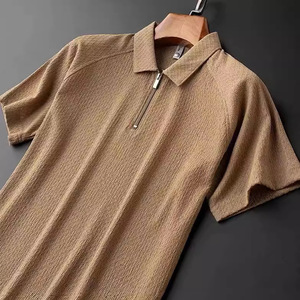 Men's Slim Fit Half Zip Polo Shirt Short <b>Sleeve</b> Solid Color Business Casual Khaki Lightweight Summer Wear - Product Image 1