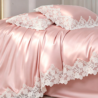 Parure de lit romantique rose en dentelle florale 4 pièces 100 % coton à fibres longues avec taies d'oreiller pour chambre de princesse – Cadeau idéal