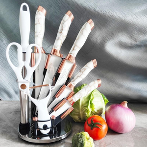 Juego de 9 cuchillos al por mayor con mango de mármol, herramientas de cocina giratorias, cuchillos de chef para carne, cuchillos para rebanar pan y carne, cuchillos multiusos y de pelar. - Product Image 1