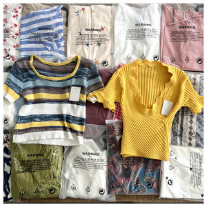 2025 oferta Camiseta de punto Pima peruano para mujer con cuello en V rosa, envío de producto aleatorio Jersey Rib-Knit-Camiseta de punto Tops de punto - Product Image 4