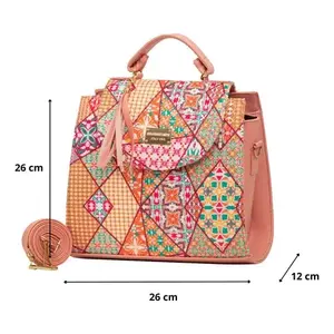 Sac de shopping en jute moyen pour femme Fana Emilia Pion, motif patchwork, usage quotidien, sac à vin, poignées rose clair, fermeture à fermoir - Product Image 4