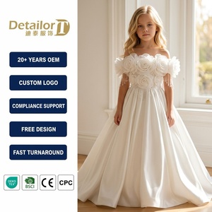 Robe de princesse blanche pour filles, style créateur, épaules dénudées, motif floral 3D, longueur cheville, pour mariages - Product Image 1