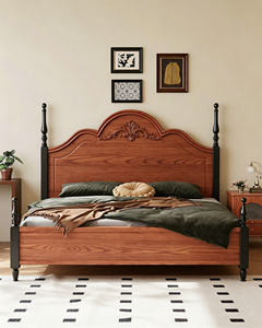 Base de Cama de Madera Maciza Premium con Cabecero Tallado Estilo Francés Vintage, Patas Negras Torneadas, Mueble de Dormitorio Bicolor, Cama Doble de Madera Estable para el Hogar - Product Image 1