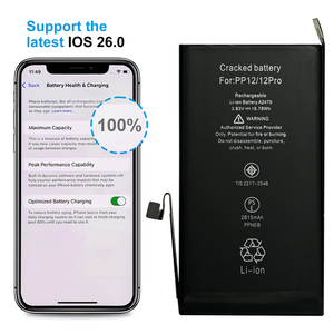 100% สุขภาพการแก้ปัญหาการเปลี่ยนชิ้นส่วนที่ไม่รู้จักการแตกแบตเตอรี่ของแท้สำหรับ <span class=keywords><strong>iPhone</strong></span> <span class=keywords><strong>12</strong></span> <span class=keywords><strong>12</strong></span> Pro <span class=keywords><strong>12</strong></span> P แบตเตอรี่โทรศัพท์ - Product Image 1
