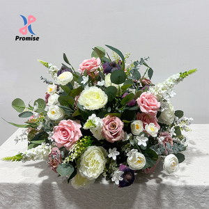 Arreglo Floral Artificial de Seda en Rosa Empolvado, Blanco y Morado Oscuro, Peonía, Rosa y Eucalipto, Centro de Mesa Floral Moderno para Bodas - Product Image 1