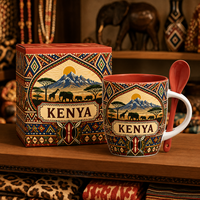 Mug à café en céramique souvenir touristique Afrique Kenya, imprimé animaux sauvages de la savane, design original, avec cuillère et boîte, OEM ODM personnalisé
