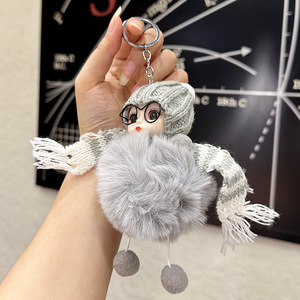 Llavero de peluche con forma de muñeca durmiente negra de ojos grandes y bonitos, con bola de pelo de conejo y pompón, para coche y bolso, para mujer - Product Image 6