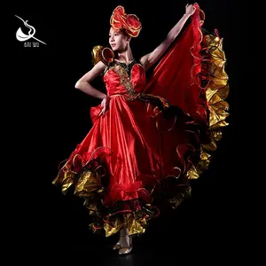 Toptan özel ispanyolca sahne ve dans giyim kırmızı/altın flamenko etek kostüm kadınlar için 17NX1002