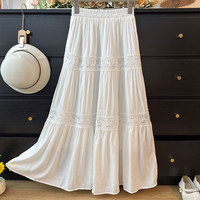 Jupe plissée style français avec empiècements en dentelle ajourée, taille haute élastique, coupe trapèze, à volants, infroissable, pour femme, Printemps 2026