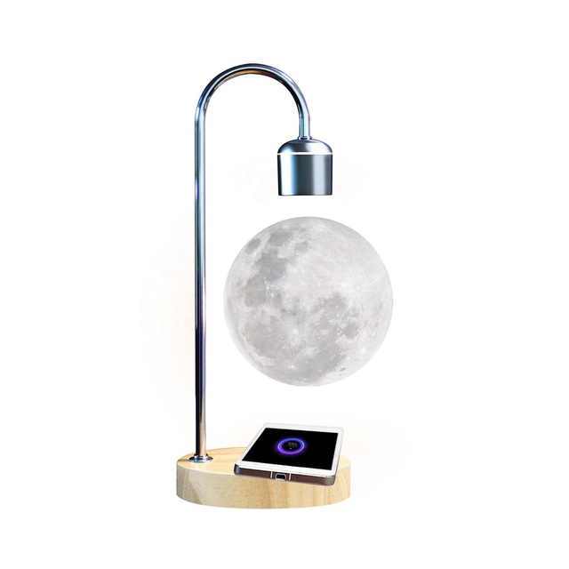 Table Lamp Magnetic Levitating 3D Moon Lamp with Wireless Charger Faux Wood Base for Kids Holiday New Year Gift Reception Decor