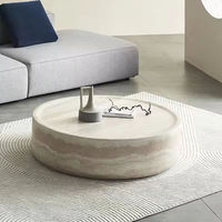 Table à manger ronde en marbre travertin avec base en ciment, style moderne minimaliste, décoration de salle à manger en béton pour hôtel et hôpital